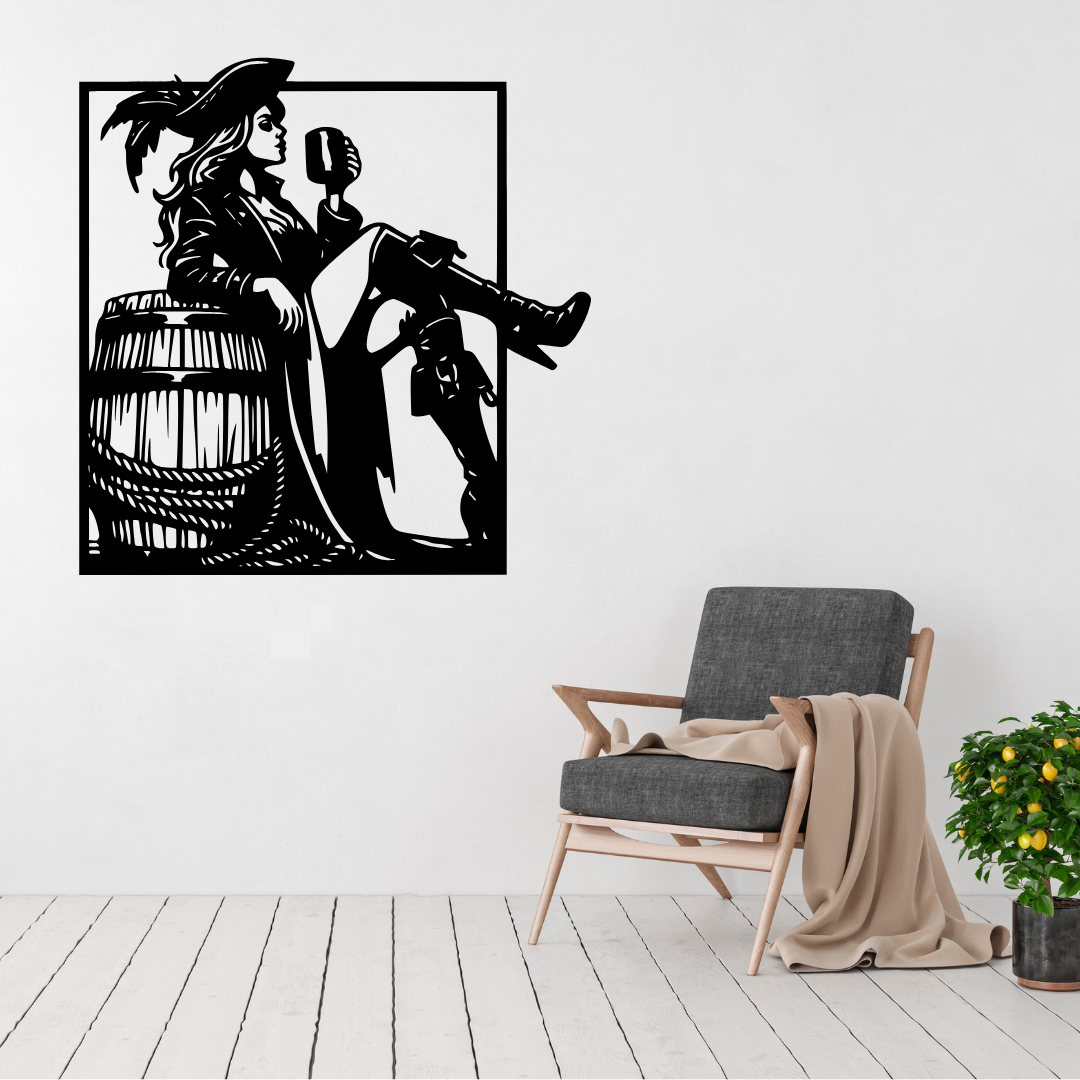 The Pirate Queen pirate woman metal wall art displayed above a contemporary chair in a modern interior