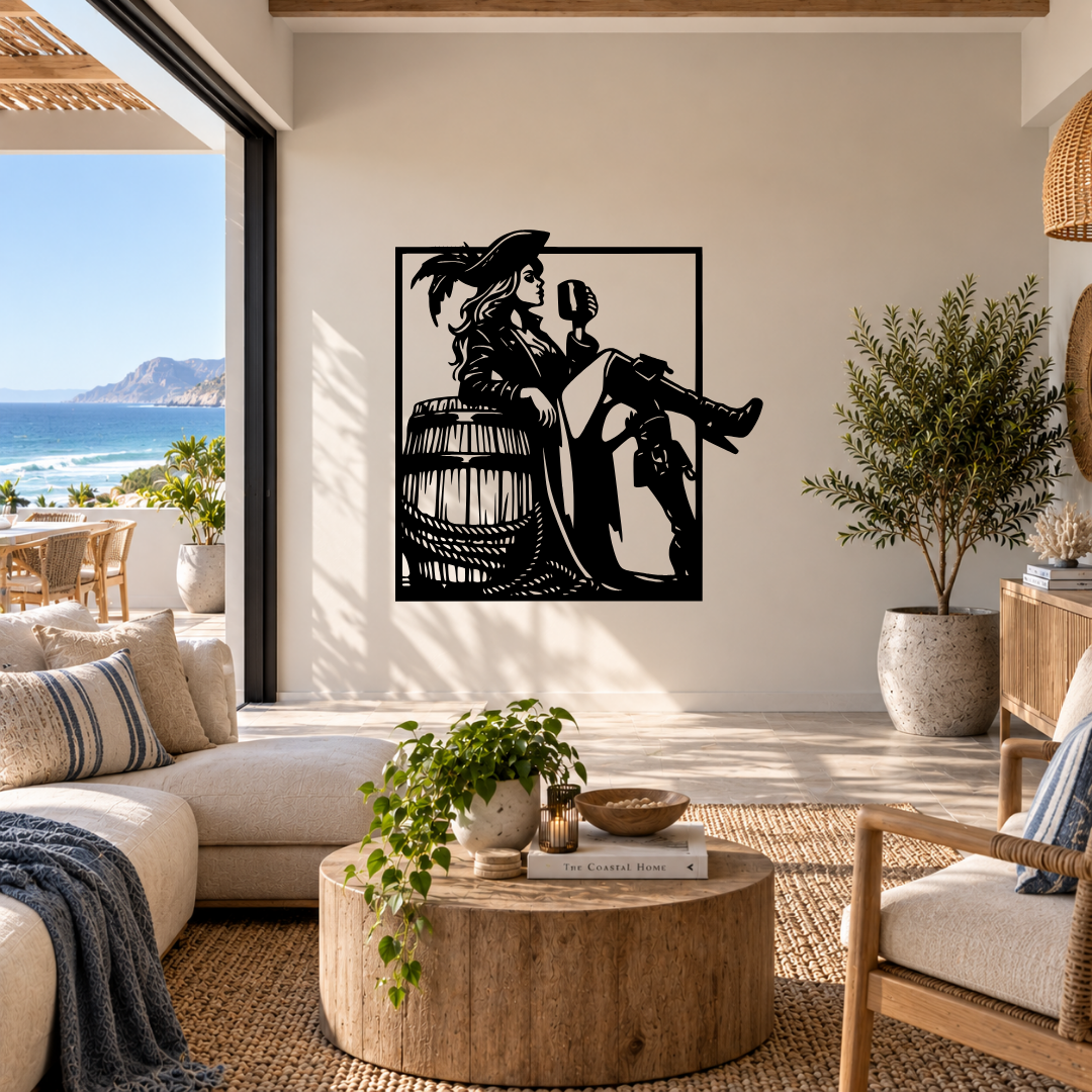 The Pirate Queen pirate woman metal wall art displayed in a modern entertainment room with contemporary décor