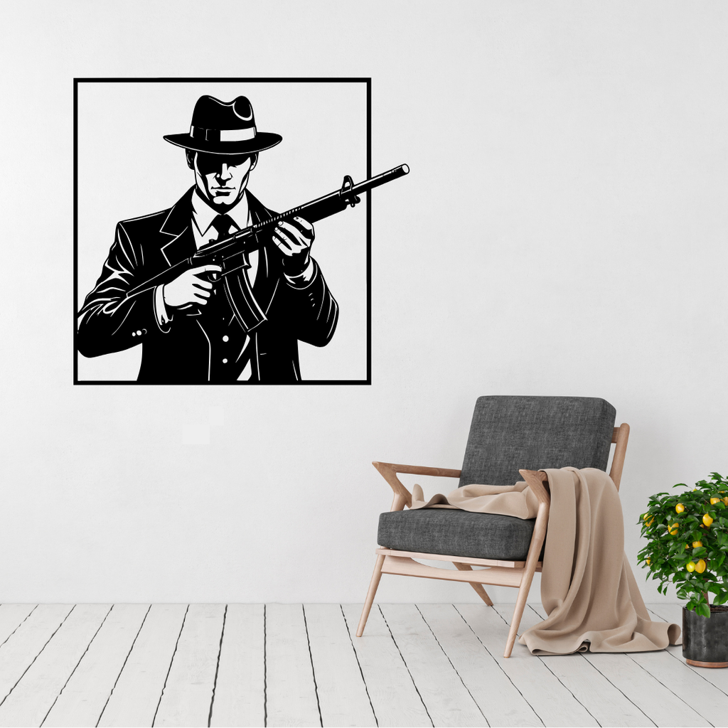 The Underworld mafia gunman metal wall art displayed above a contemporary chair in a modern interior