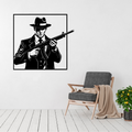 The Underworld mafia gunman metal wall art displayed above a contemporary chair in a modern interior
