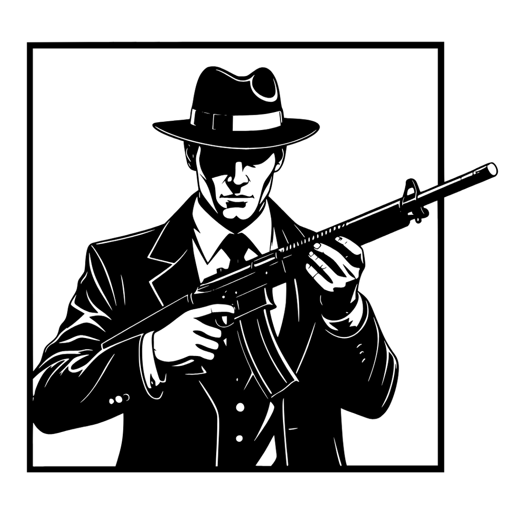 The Underworld mafia gunman metal wall art isolated on a white background showing a sharply dressed gangster silhouette