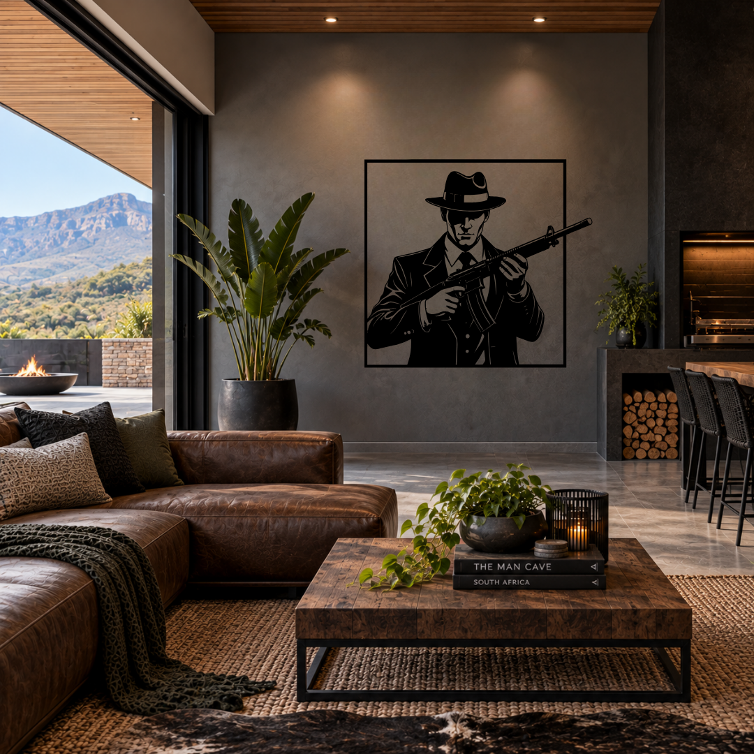 The Underworld mafia gunman metal wall art displayed in a modern home bar or entertainment room with contemporary décor