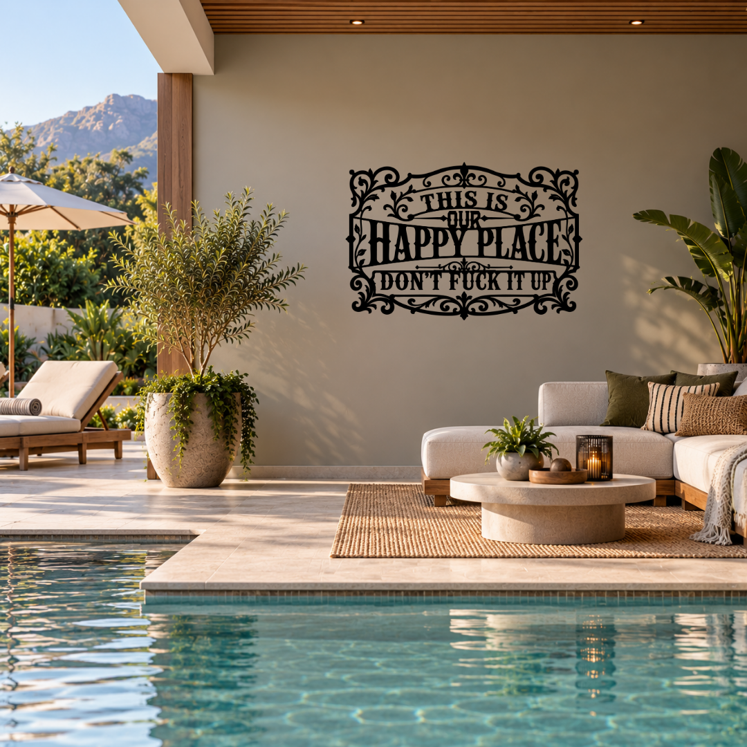 This Is Our Happy Place cheeky metal wall art displayed in a modern entertainment room