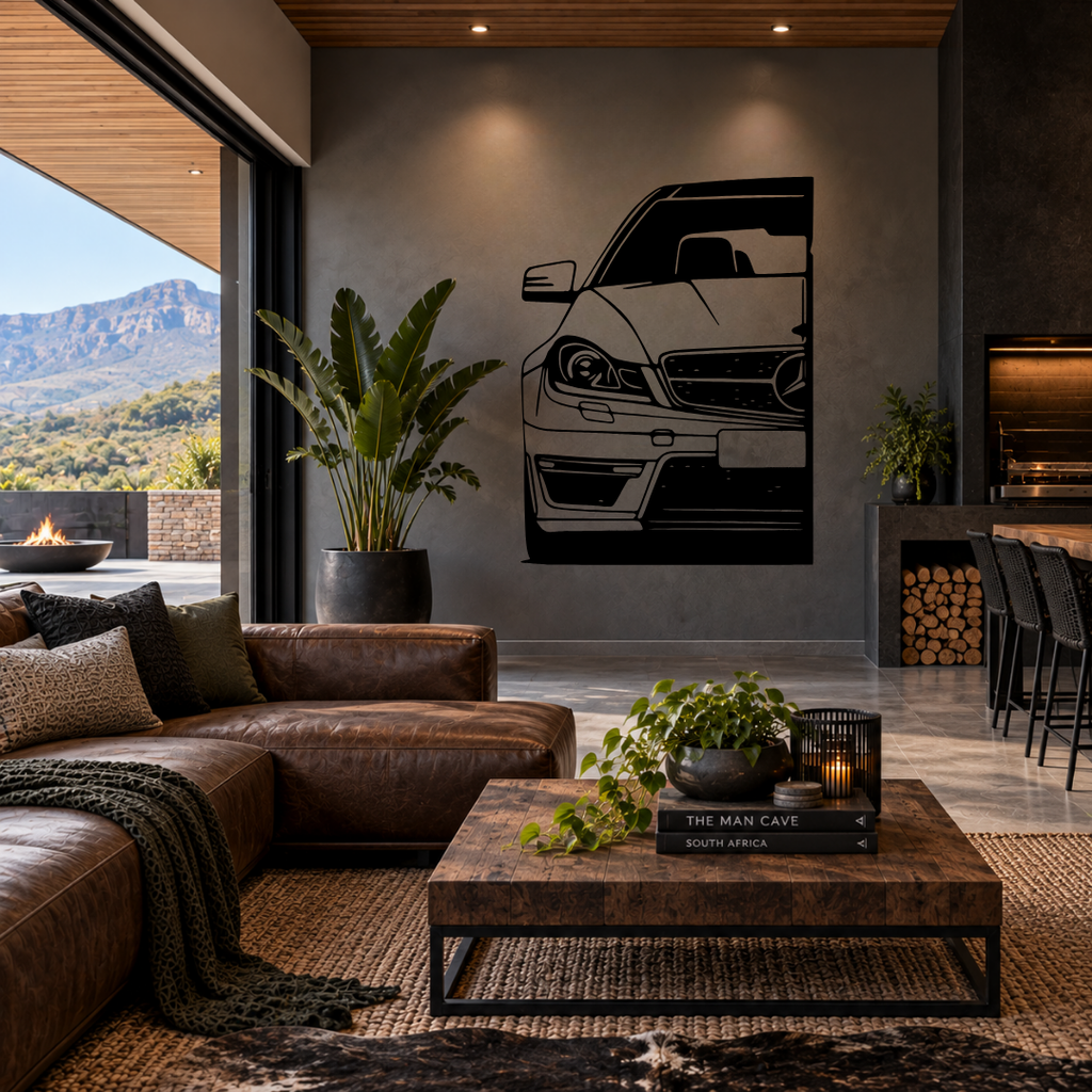 Three-Pointed Star Mercedes-Benz metal wall art displayed in a modern garage or automotive-themed room