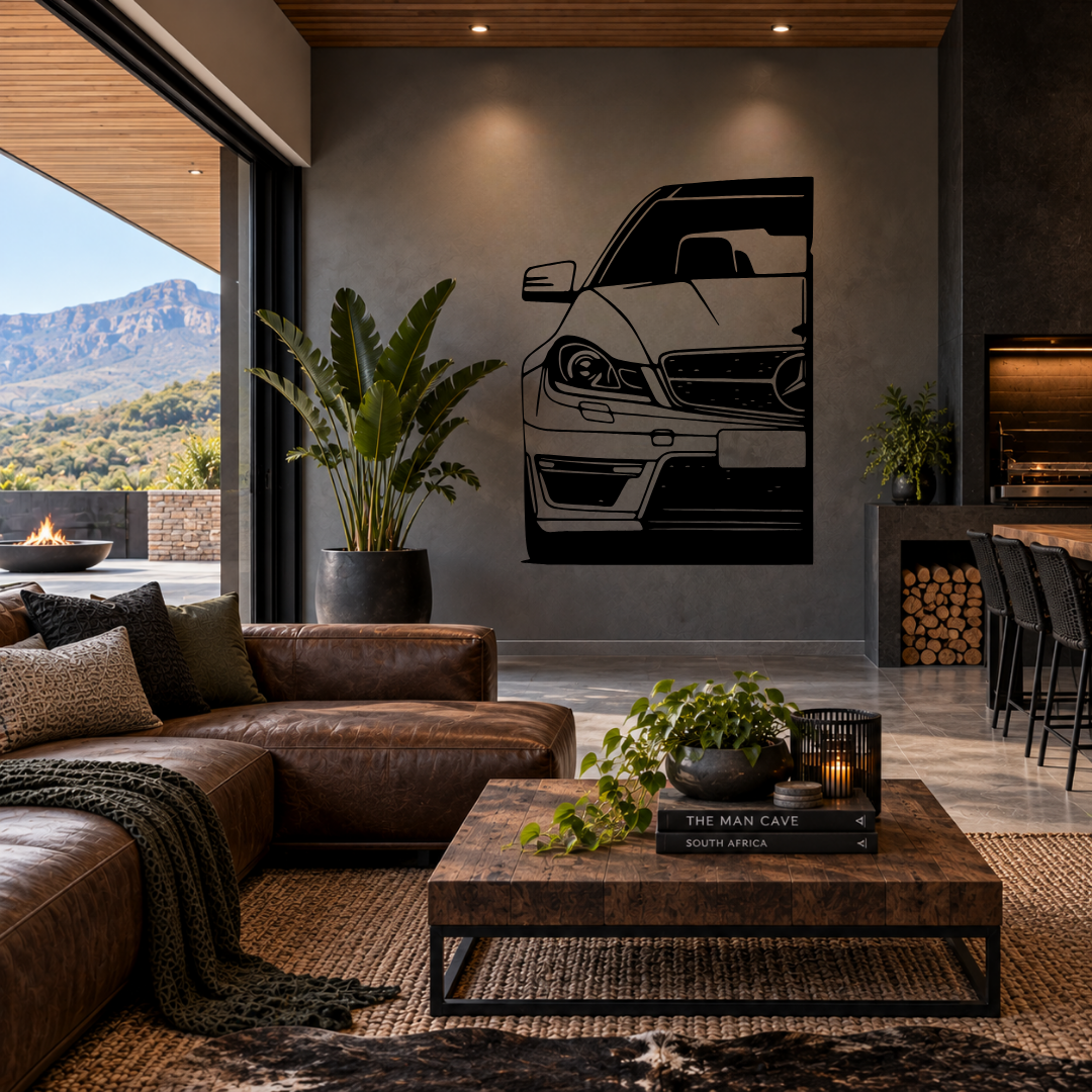 Three-Pointed Star Mercedes-Benz metal wall art displayed in a modern garage or automotive-themed room