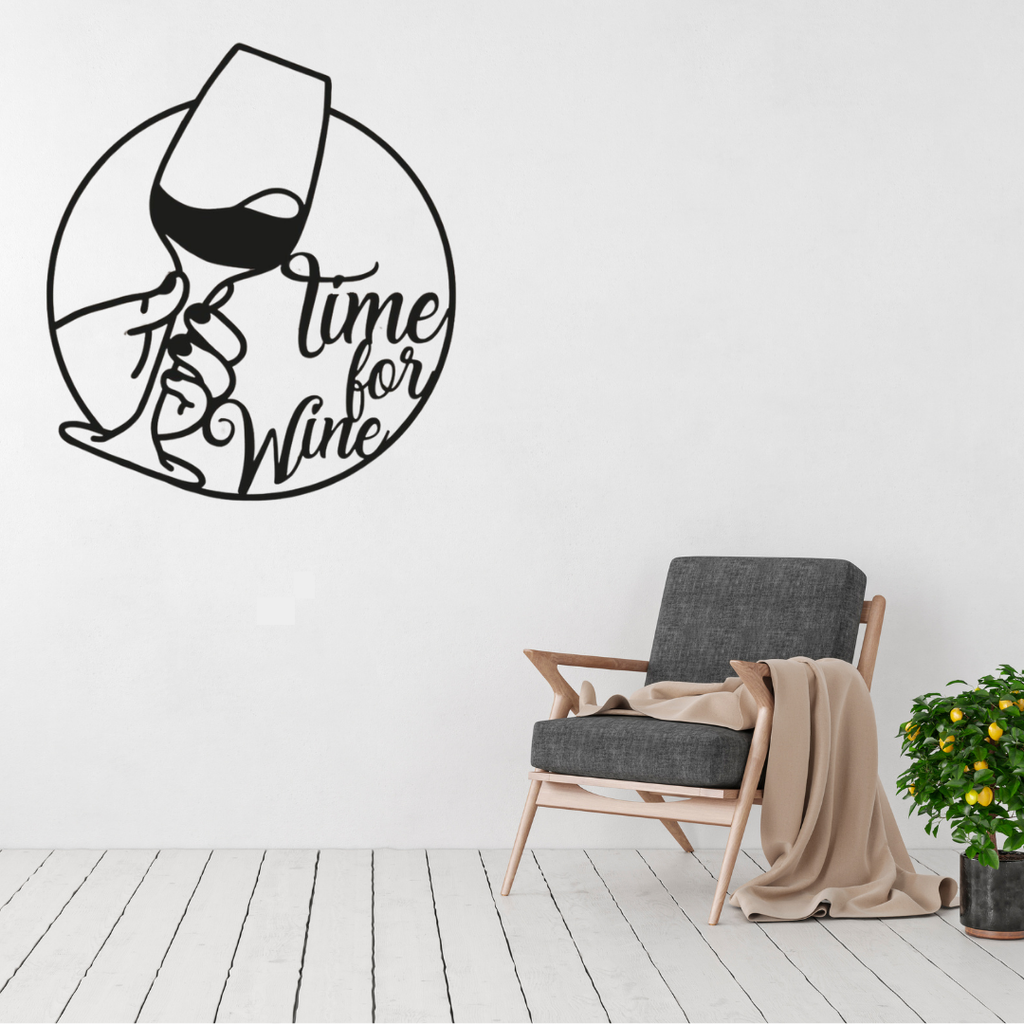 Time for Wine | Wine Glass Metal Wall Art displayed on a modern white wall above a contemporary armchair.