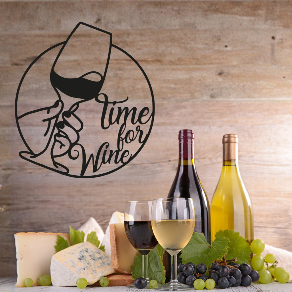 Time for Wine | Wine Glass Metal Wall Art showcased above a rustic wine and cheese display with wine bottles, glasses, grapes, and gourmet cheeses.