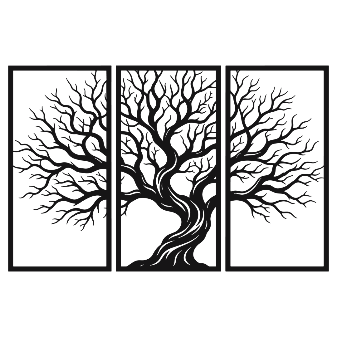 Timeless Roots three-panel tree metal wall art isolated on a white background showing intricate branches and organic detailing