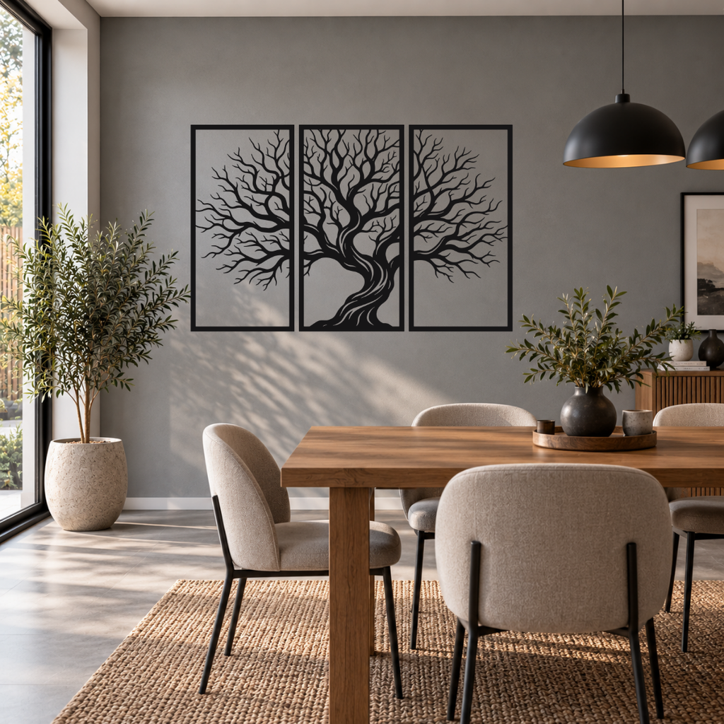 Timeless Roots three-panel tree metal wall art displayed in a modern room with contemporary interior décor