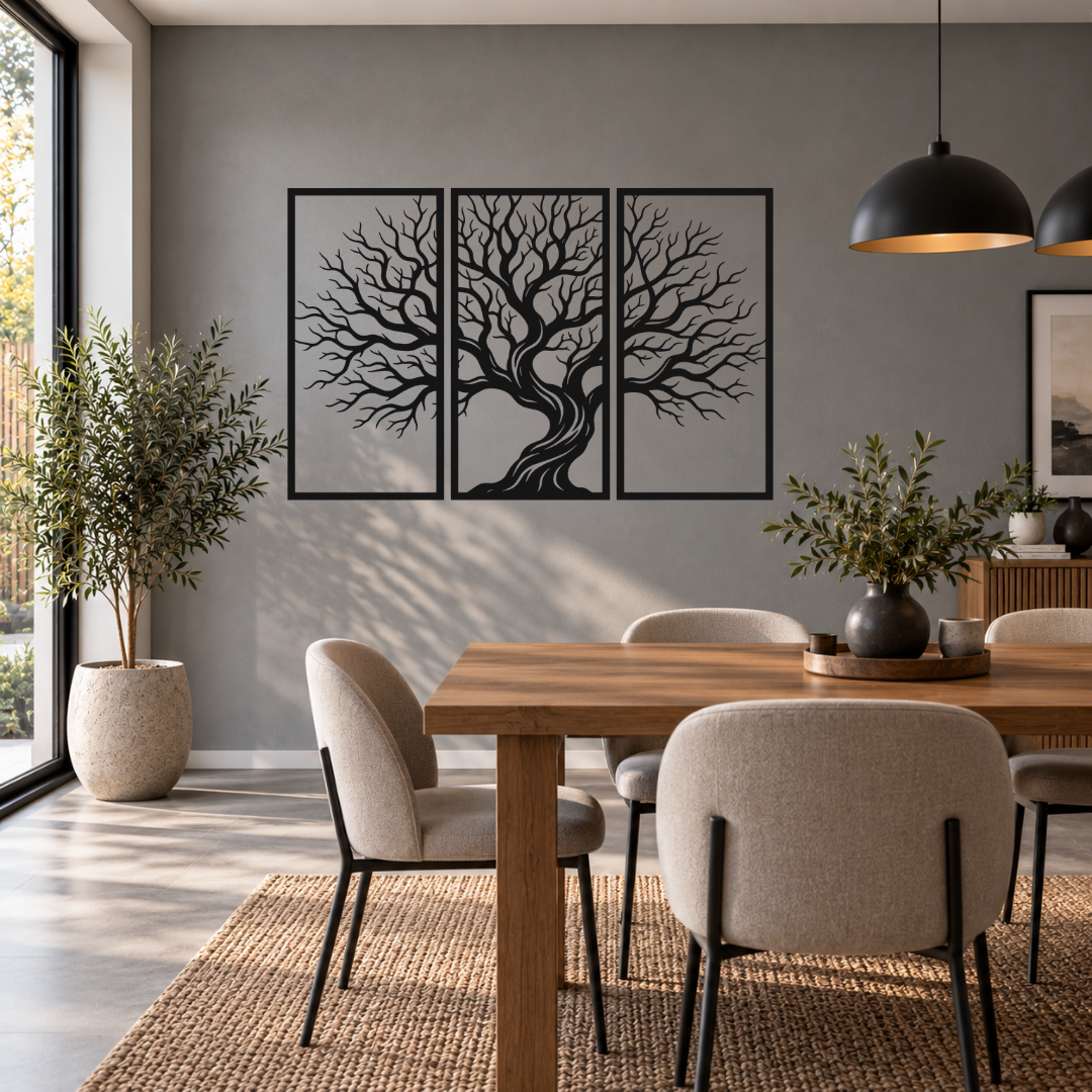 Timeless Roots three-panel tree metal wall art displayed in a modern room with contemporary interior décor
