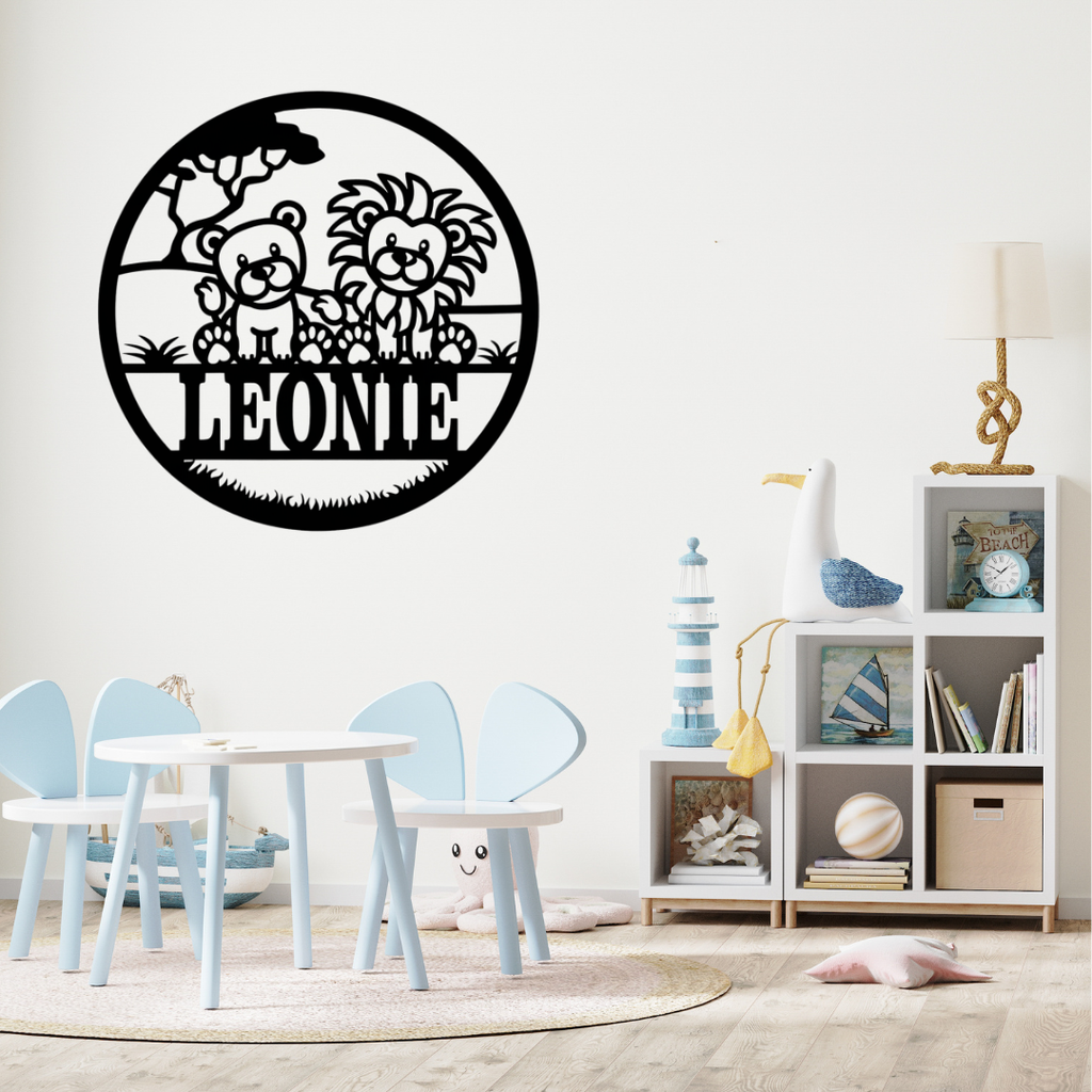 Cute safari lion metal sign styled above a toddler bed with jungle décor
