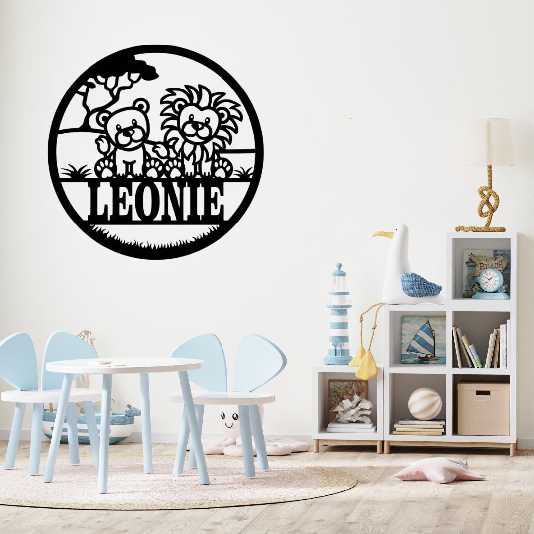 Cute safari lion metal sign styled above a toddler bed with jungle décor