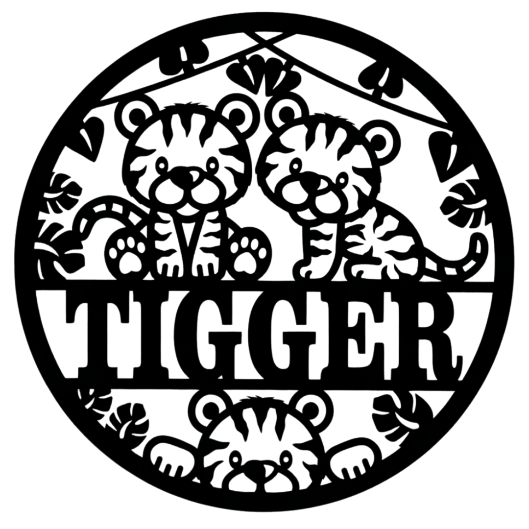 Tiny Tigers metal wall sign isolated on plain background