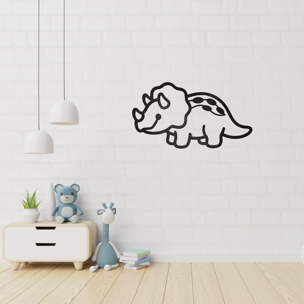 Tiny Triceratops | Dinosaur Metal Wall Art displayed in a bright modern nursery.