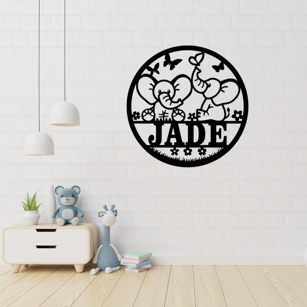 Elephant nursery wall art displayed in a safari-themed baby room