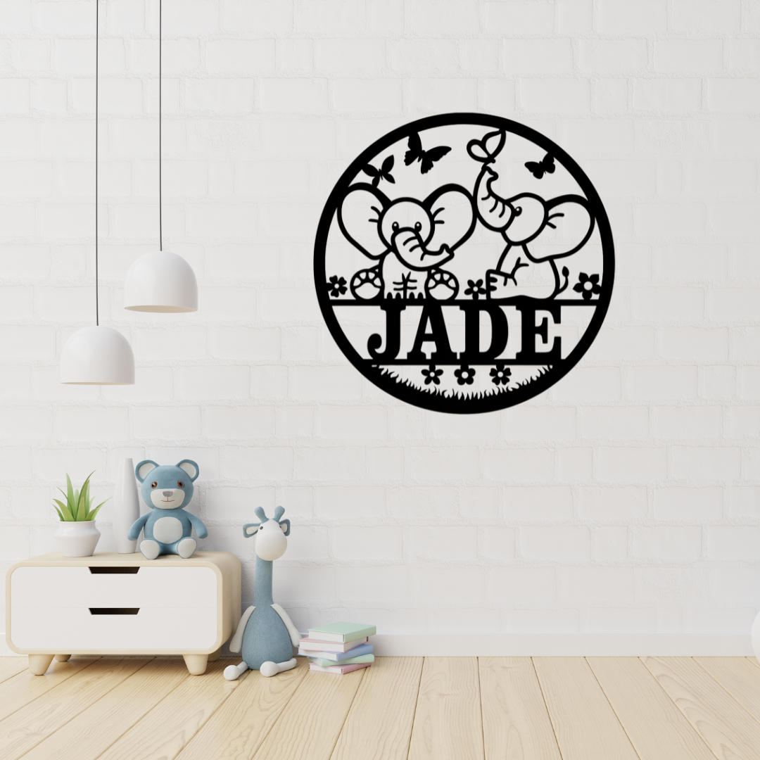 Elephant nursery wall art displayed in a safari-themed baby room
