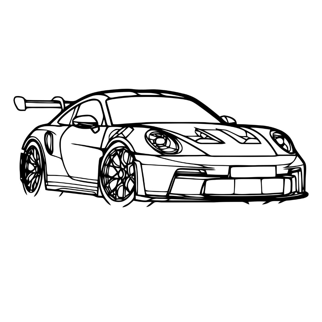 Close-up of the Track Legend Porsche 911 GT3 RS laser-cut metal wall art showcasing the detailed front three-quarter sports car design.