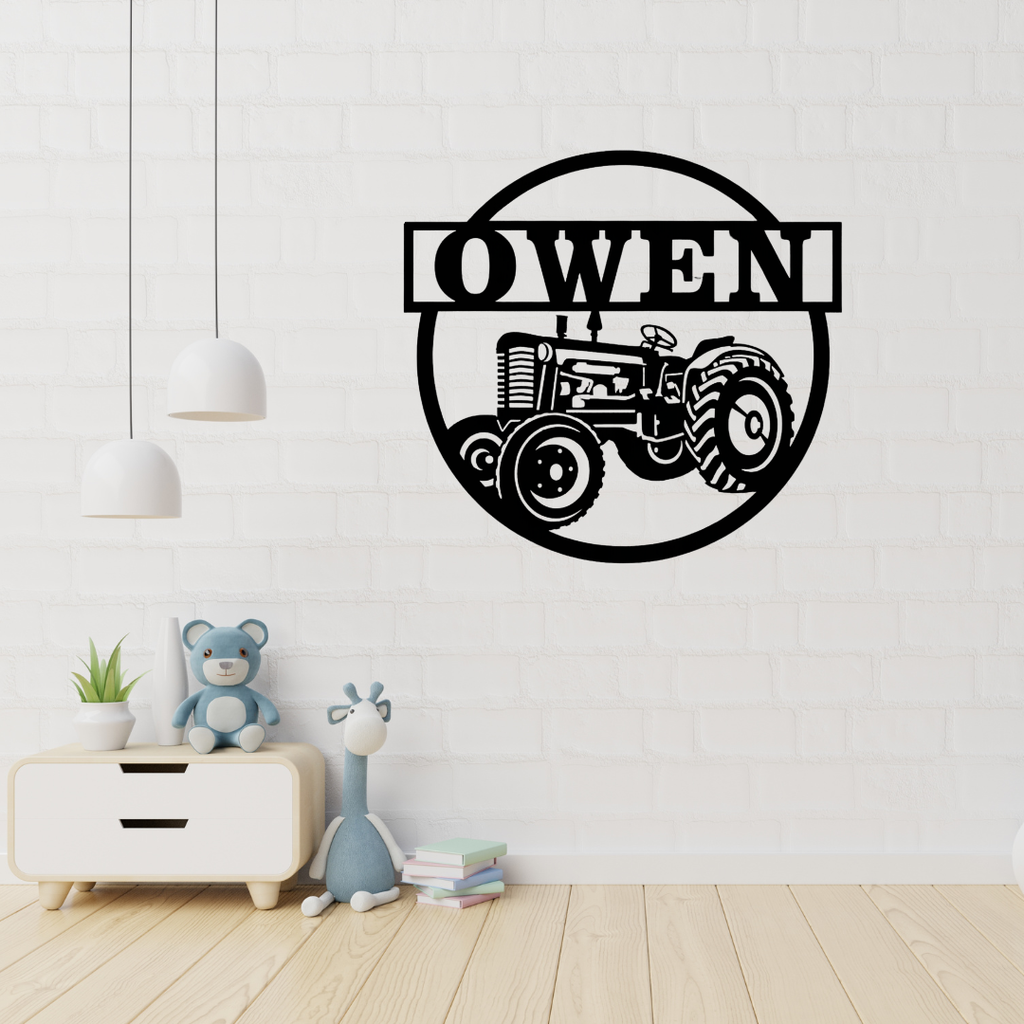 Rustic tractor metal wall art displayed in a farm-themed kids room