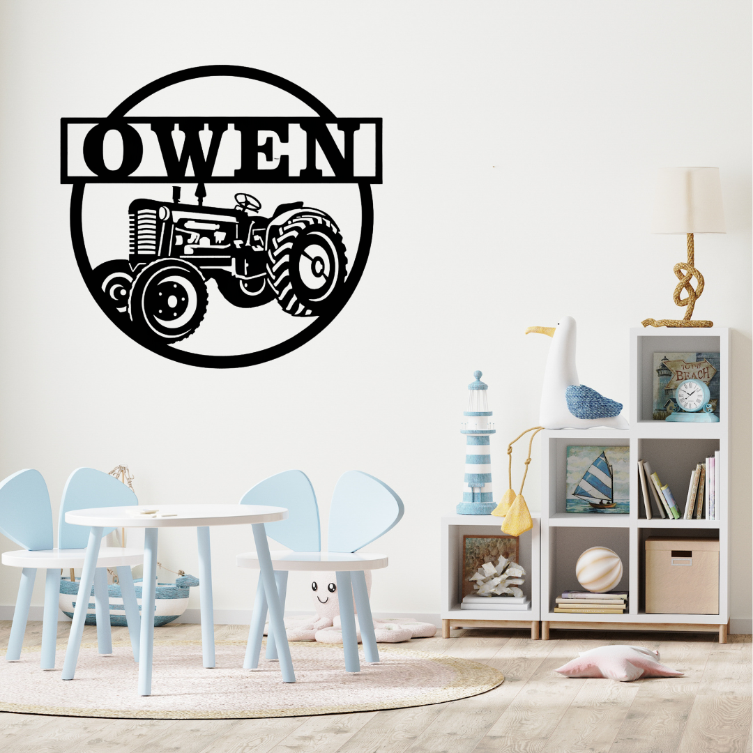 Farm tractor wall décor styled in a countryside-inspired nursery