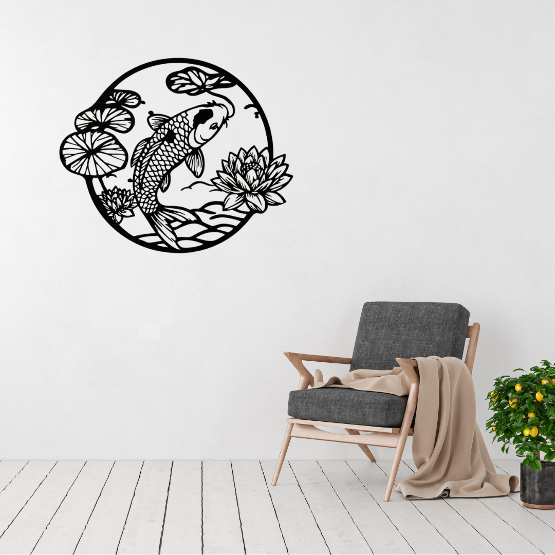 Tranquil Waters | Koi Pond Metal Wall Art displayed in a bright modern living room.