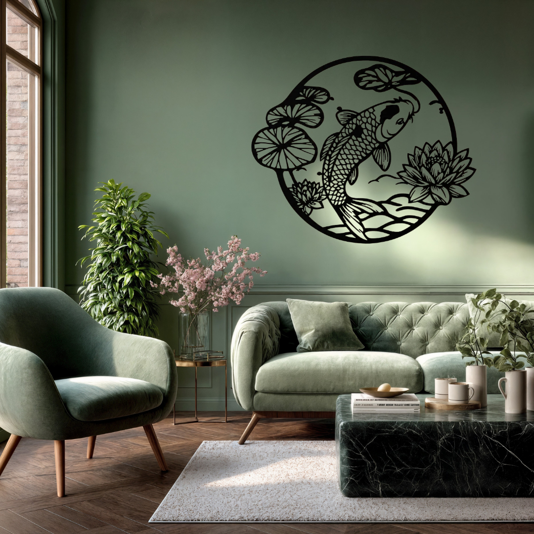 Tranquil Waters | Koi Pond Metal Wall Art mounted above a contemporary sofa in a stylish living room.