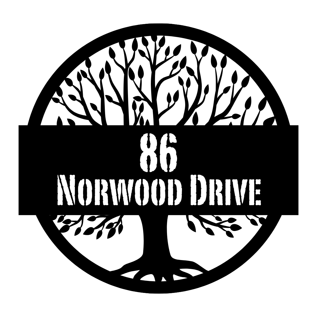 Metal house number plaque with circular tree design on a plain white background