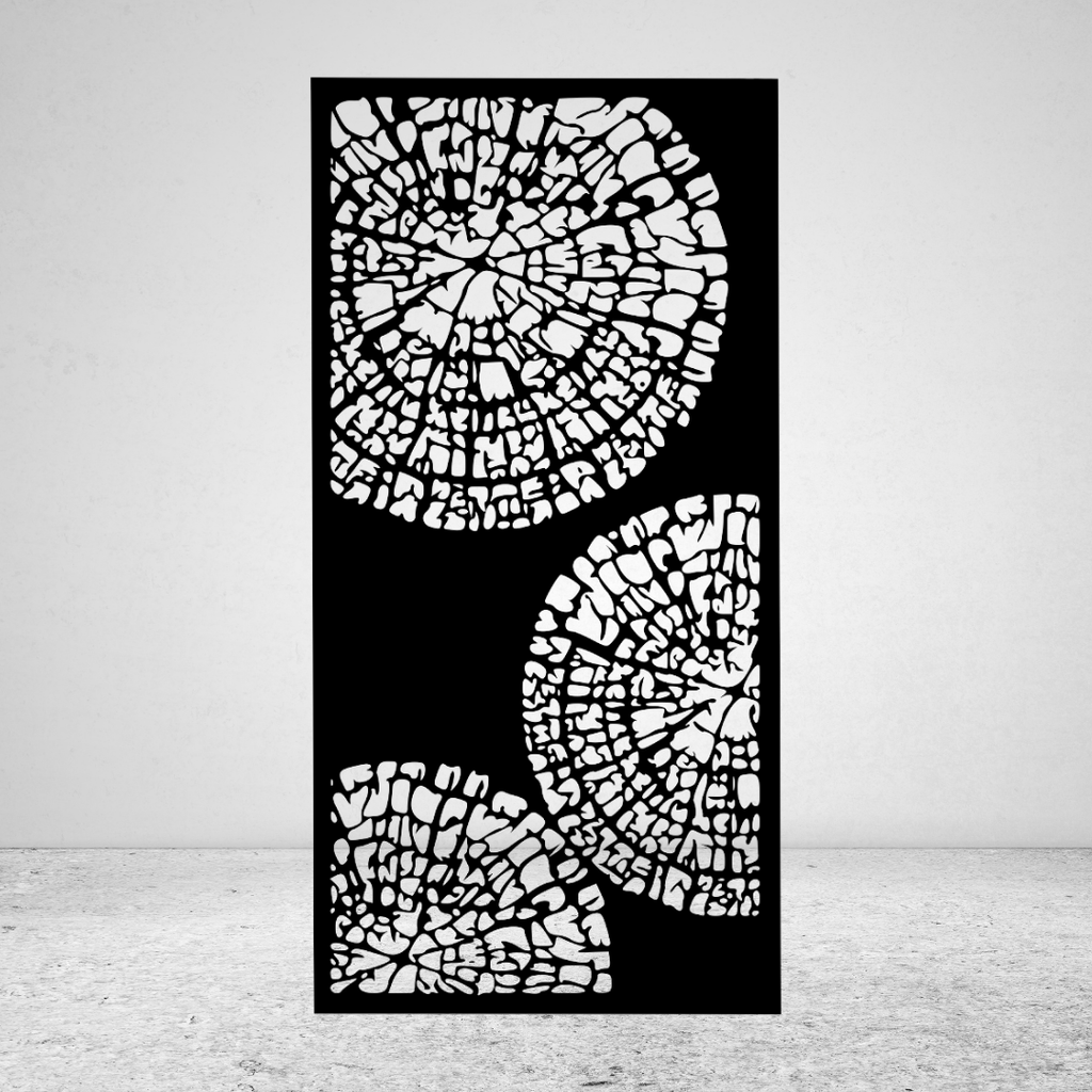 Tree Rings organic metal privacy screen featuring irregular circular forms inspired by tree trunk rings and natural wood patterns
