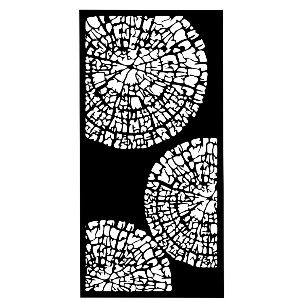 Tree Rings decorative organic pattern metal privacy panel isolated on a white background showing natural circular cut-out detailing