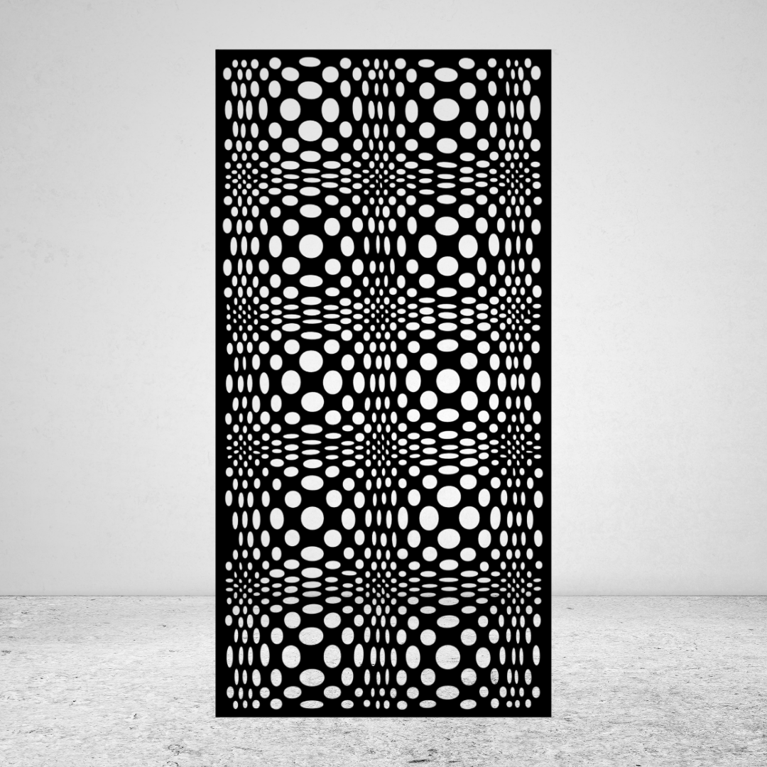 Trippy Sphere psychedelic metal privacy screen with clusters of circular and oval forms creating an optical illusion
