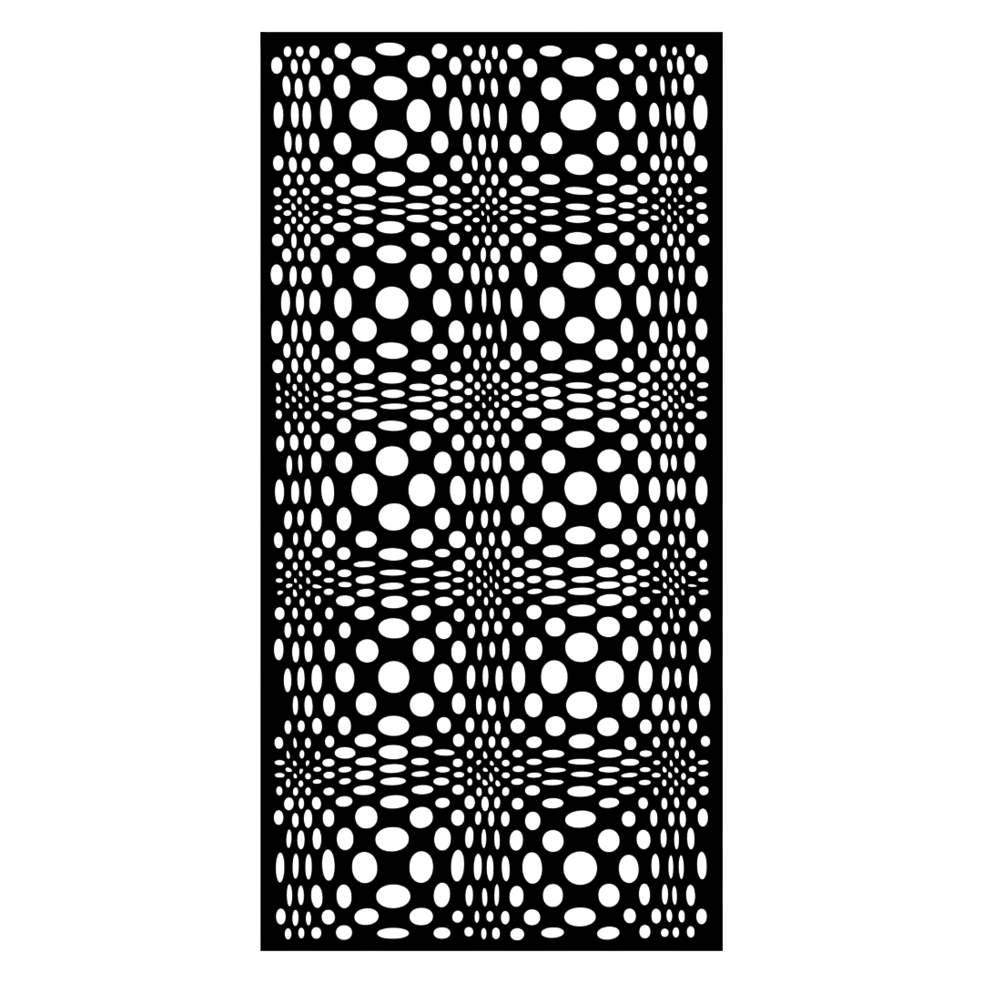 Trippy Sphere decorative metal privacy panel isolated on a white background showing its hypnotic geometric pattern
