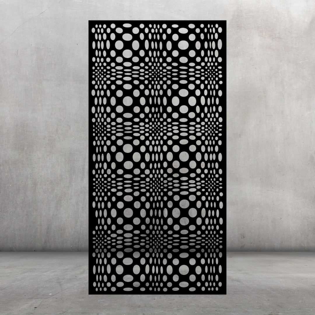 Trippy Sphere contemporary metal privacy screen displayed against a dark grey wall with playful circular and oval shapes