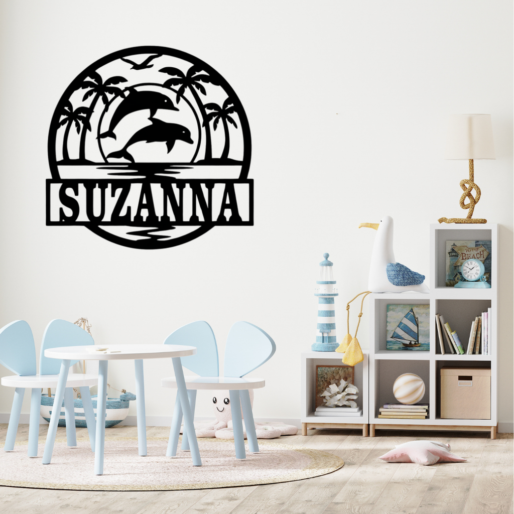 Ocean-themed dolphin décor styled beside coastal furniture