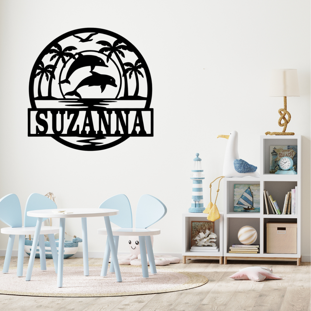 Ocean-themed dolphin décor styled beside coastal furniture