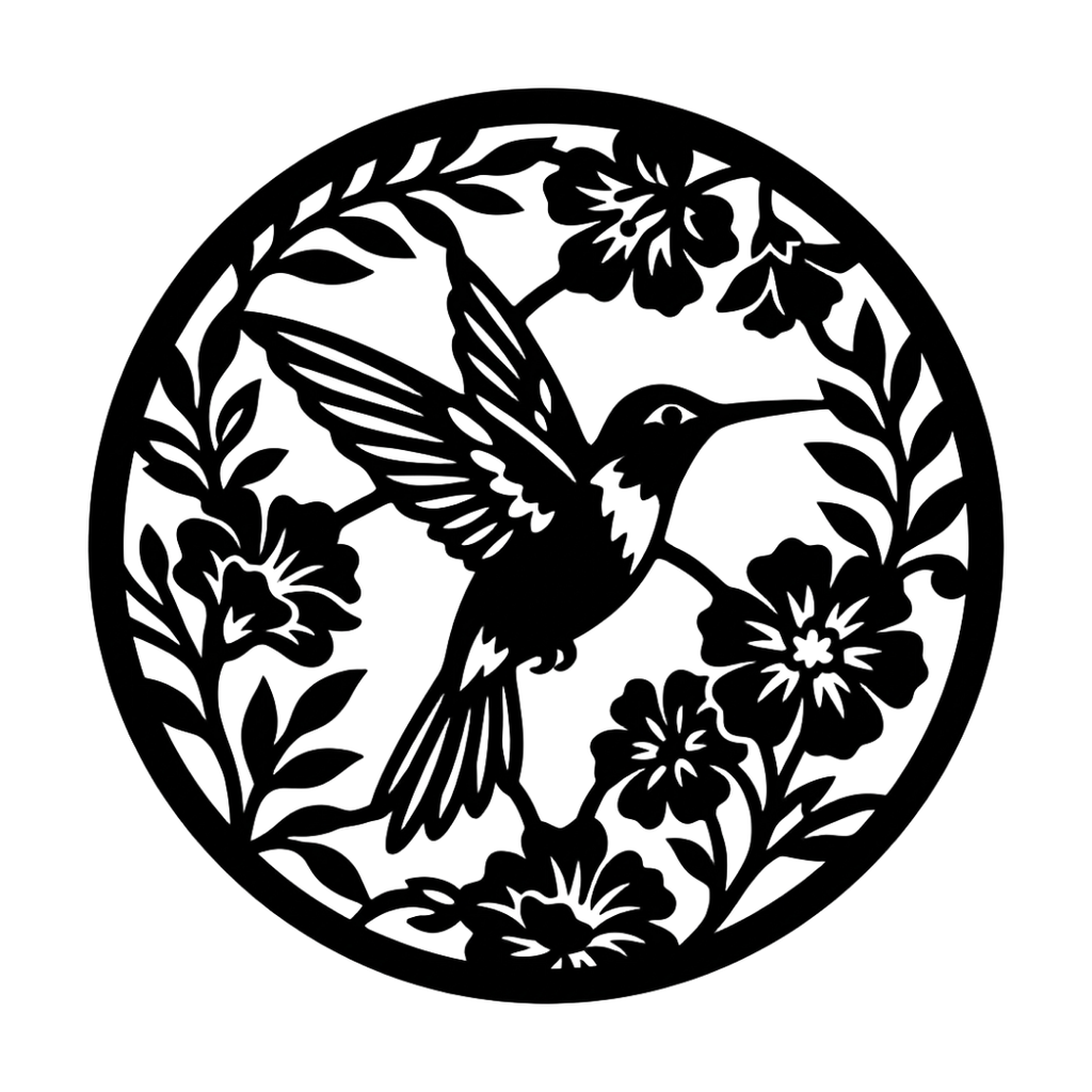 Tropical Flight hummingbird and floral metal wall art isolated on a white background showing detailed bird, flowers and foliage