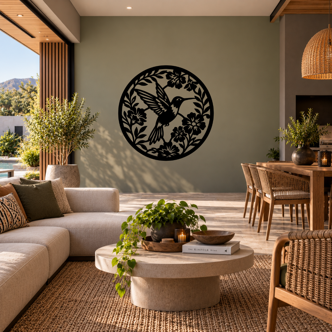 Tropical Flight hummingbird and floral metal wall art displayed in a modern room with contemporary interior décor
