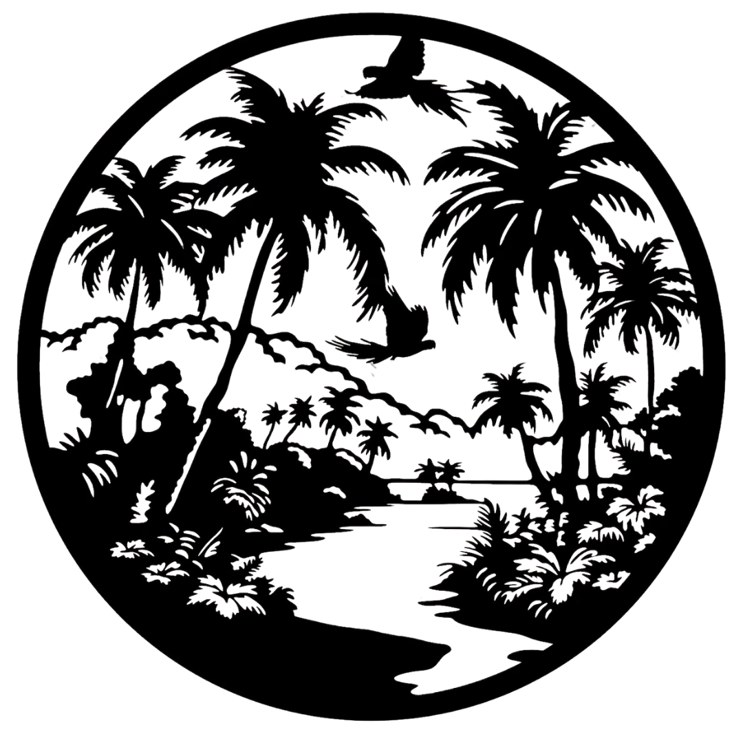 Tropical Paradise Escape | Palm Oasis Metal Wall Art featuring an intricate tropical island scene with swaying palm trees, flying birds, lush foliage, and a winding river in a circular black metal design.