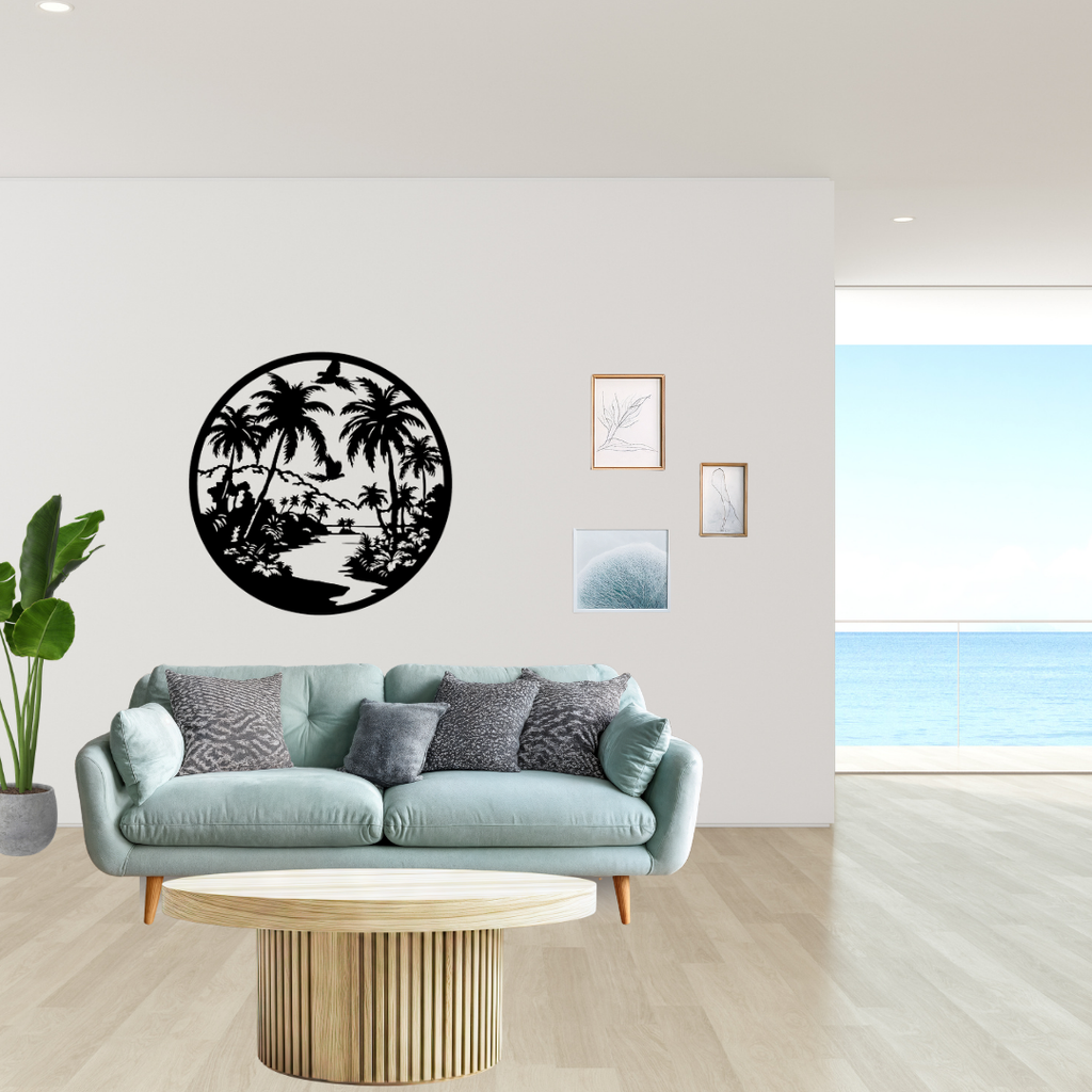 Tropical Paradise Escape | Palm Oasis Metal Wall Art showcased above a contemporary sofa, creating a relaxing tropical focal point with detailed palm trees, birds, and island scenery in precision-cut metal.