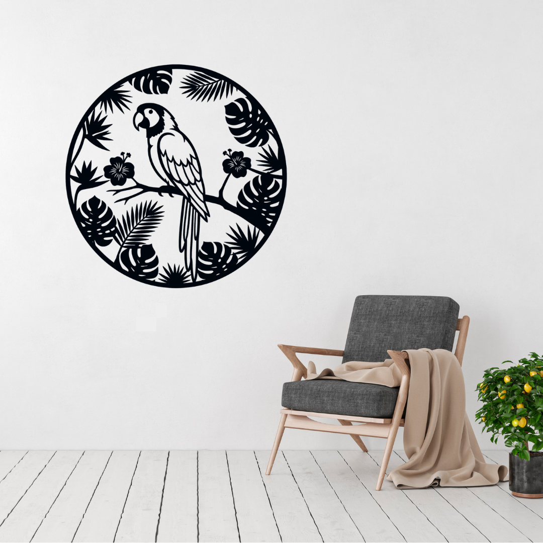 Tropical Parrot Paradise metal wall art featuring a parrot and tropical foliage displayed above a contemporary chair