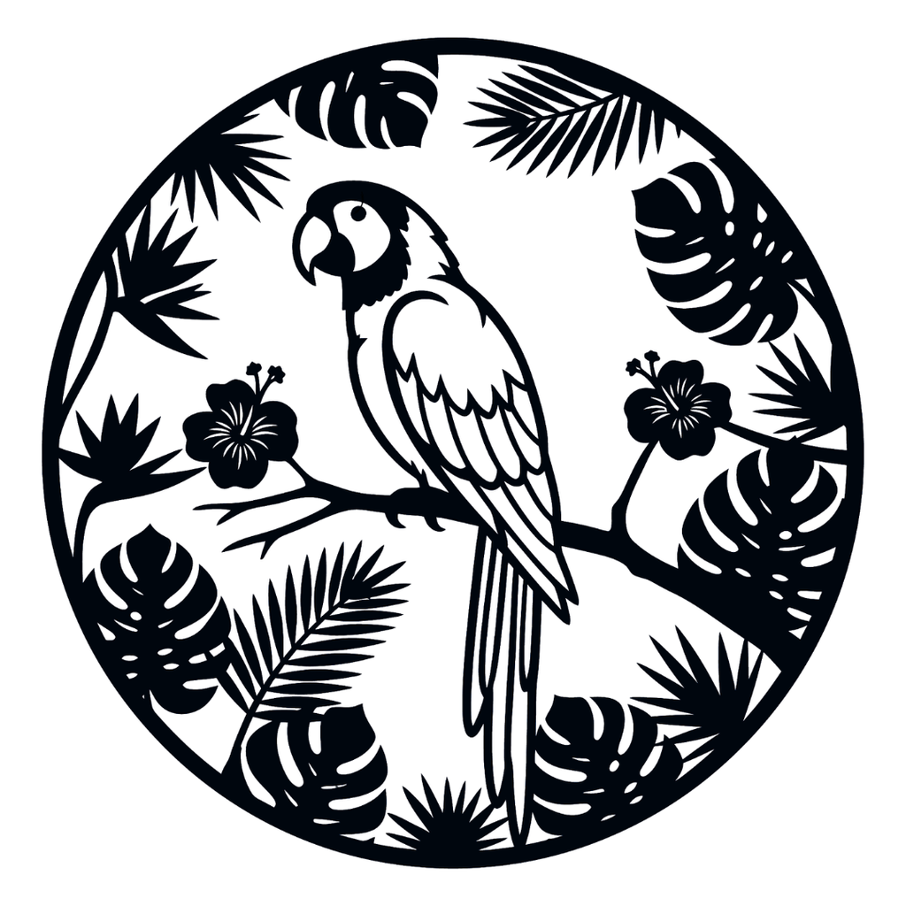 Tropical Parrot Paradise parrot and tropical foliage metal wall art on white background