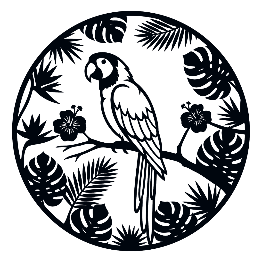 Tropical Parrot Paradise parrot and tropical foliage metal wall art on white background