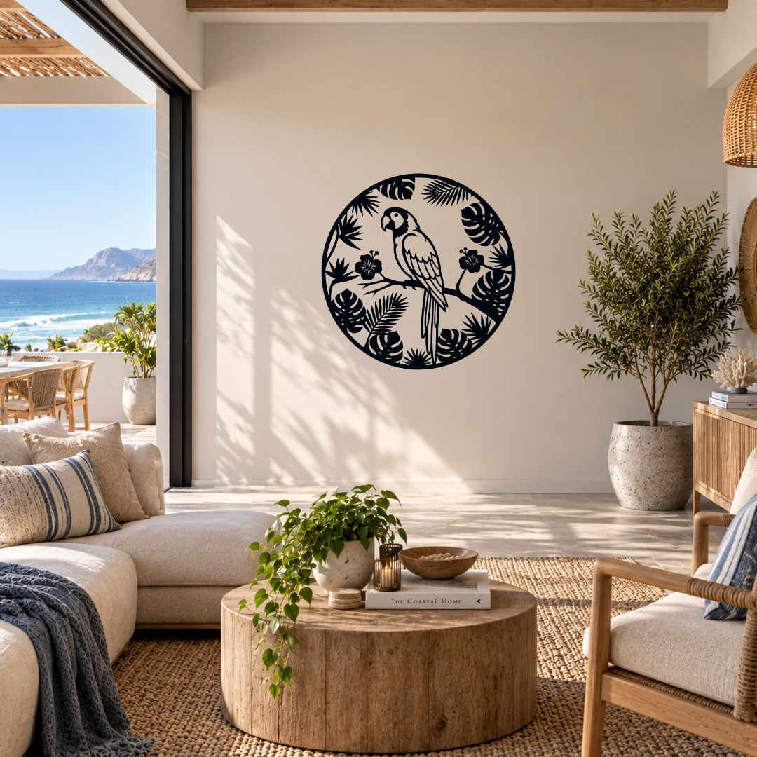 Tropical Parrot Paradise parrot metal wall art displayed in a modern tropical interior