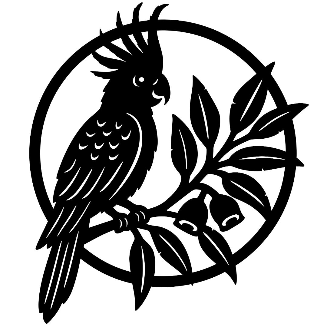 Tropical Perch cockatoo and botanical metal wall art isolated on a white background showing detailed bird and leafy branch design