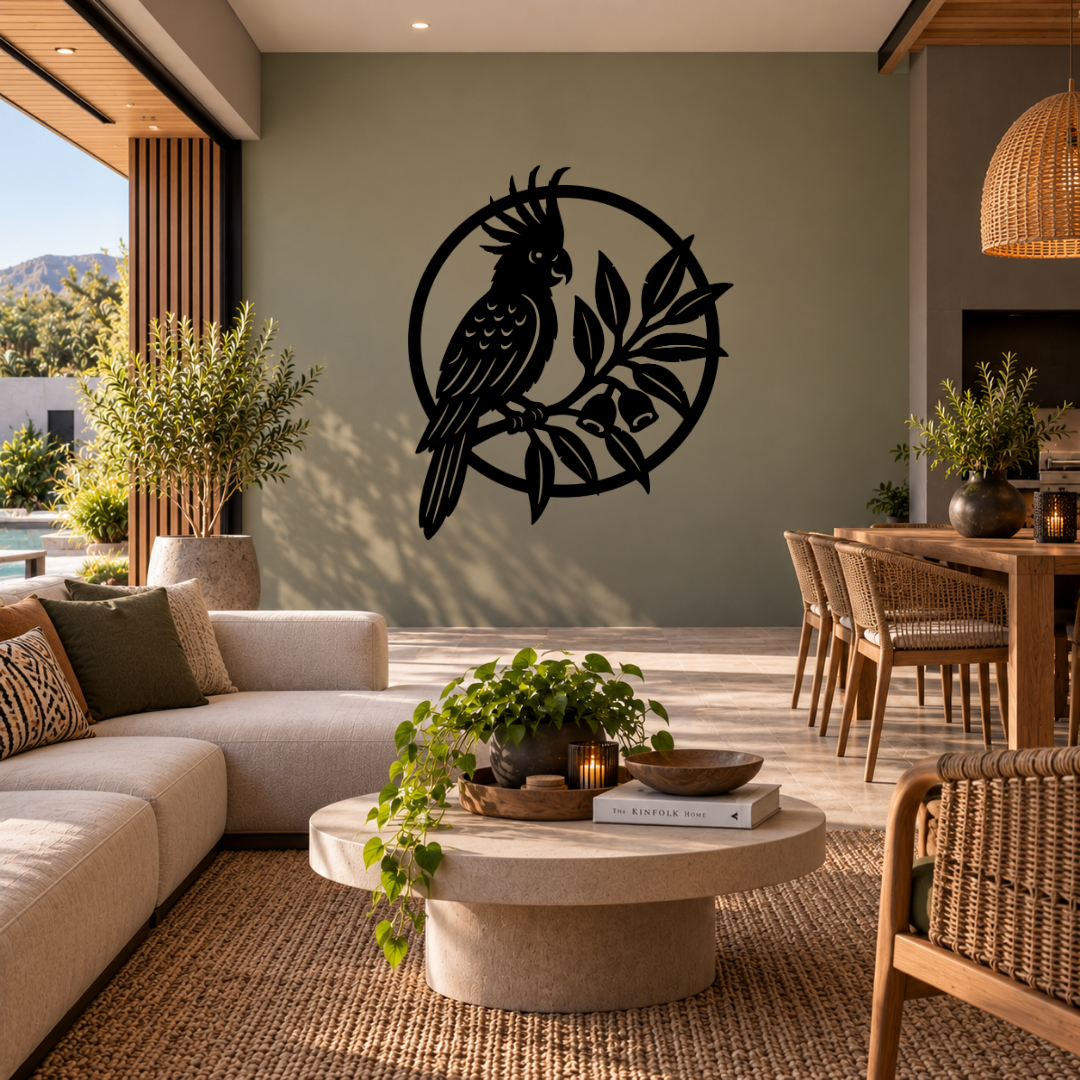 Tropical Perch cockatoo and botanical metal wall art displayed in a modern room with contemporary interior décor