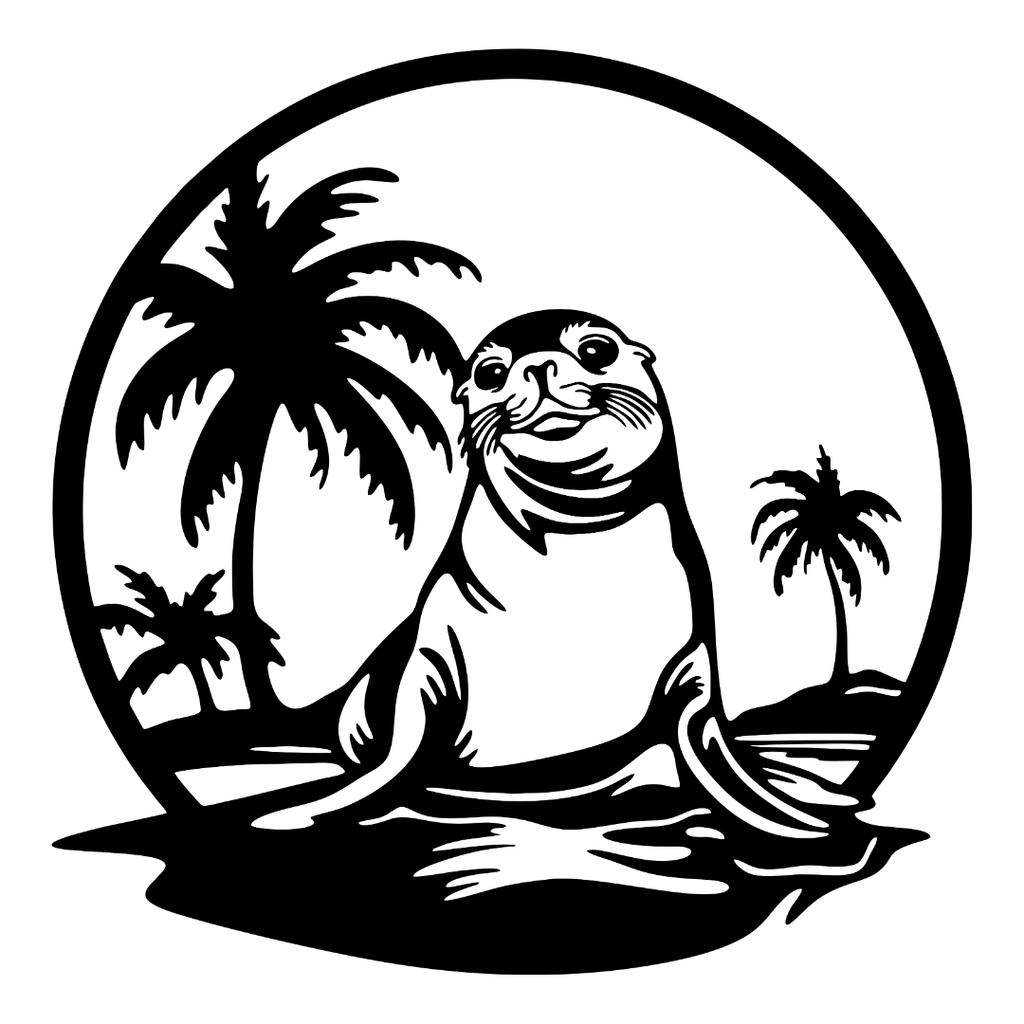 Tropical Seal Escape seal metal wall art isolated on a white background showing a detailed seal and tropical palm tree design