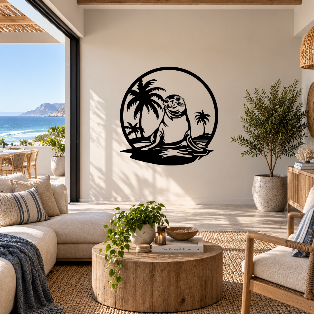 Tropical Seal Escape coastal seal metal wall art displayed in a modern room with contemporary décor and beach-inspired styling
