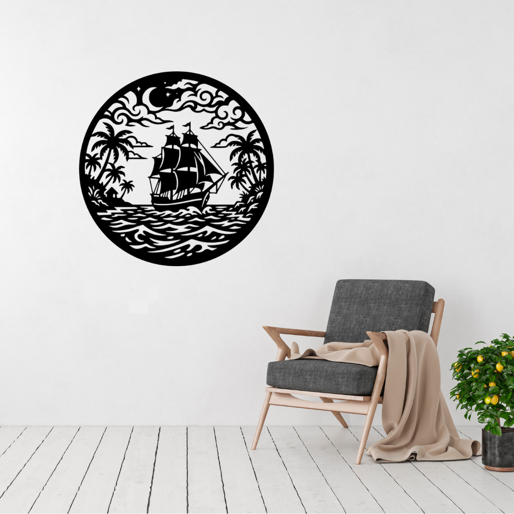 Tropical Voyage | Sailing Ship Metal Wall Art displayed in a modern living room, featuring a classic tall sailing ship cruising tropical waters beneath a moonlit sky with palm trees in a circular black metal wall art design.
