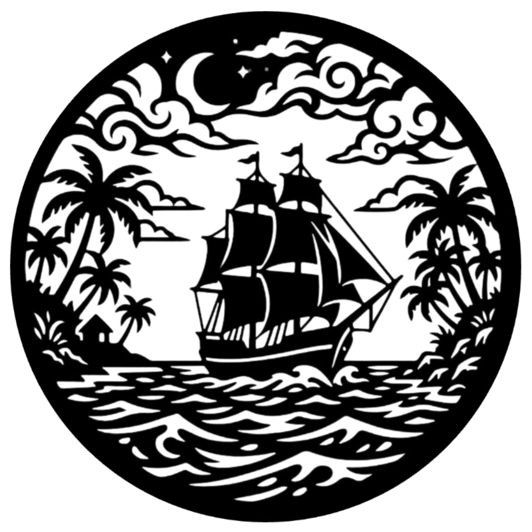 Tropical Voyage | Sailing Ship Metal Wall Art featuring a vintage sailing ship surrounded by tropical islands, palm trees, rolling ocean waves, and swirling clouds in an intricately detailed circular black metal wall décor design.