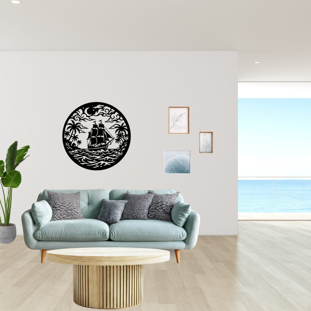 Tropical Voyage | Sailing Ship Metal Wall Art showcased in a contemporary home, featuring a traditional sailing vessel sailing through tropical seas with palm-lined islands and moonlit skies in a premium circular metal wall art design.