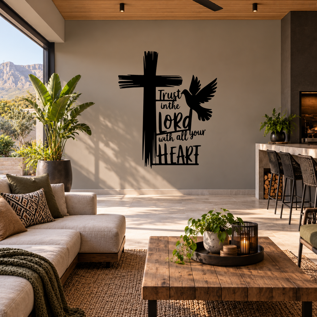 Trust in His Plan Christian metal wall art displayed in a modern room with contemporary faith-inspired décor