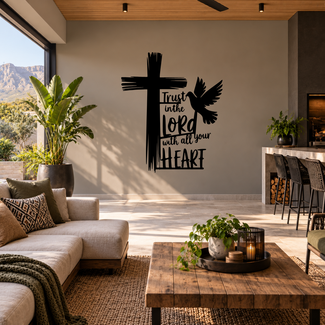 Trust in His Plan Christian metal wall art displayed in a modern room with contemporary faith-inspired décor